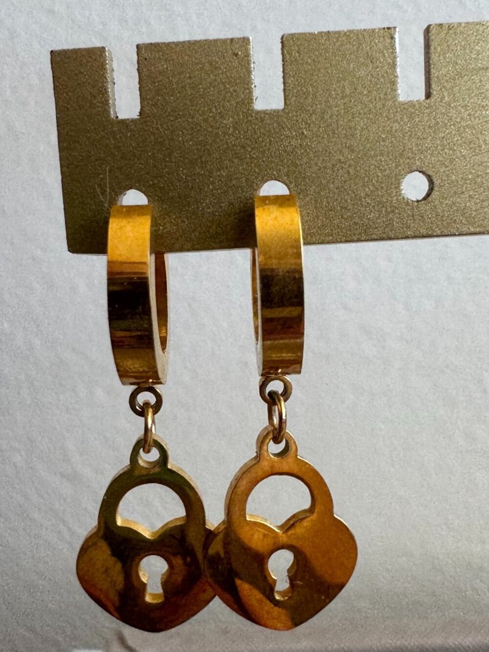 Gold Tone Heart Lock Dangle Hoop Earrings Stainless Steel